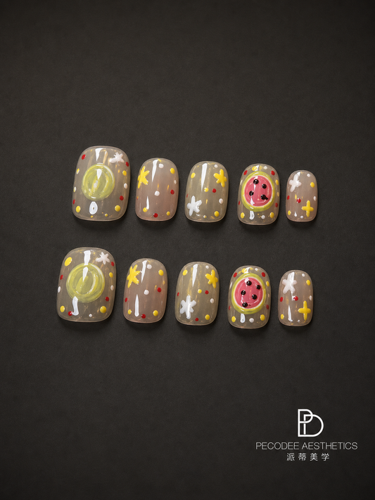Jelly star candy manicure set of 10 short square press-on nails with grey glitter and fruit art