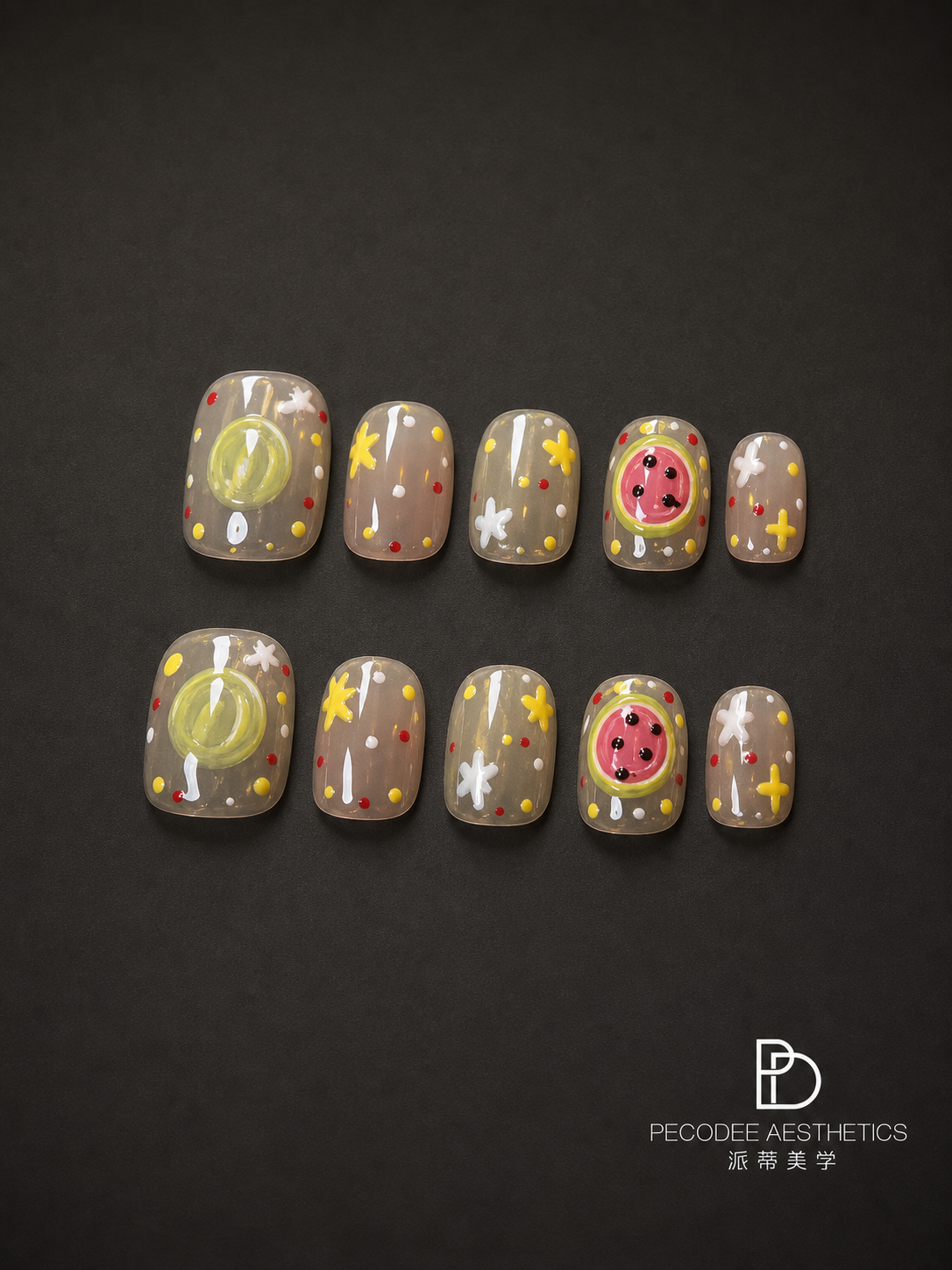 Jelly star candy manicure set of 10 short square press-on nails with grey glitter and fruit art