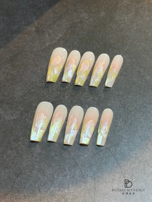 Iridescent pastel ombre press-on nails in oval coffin shape