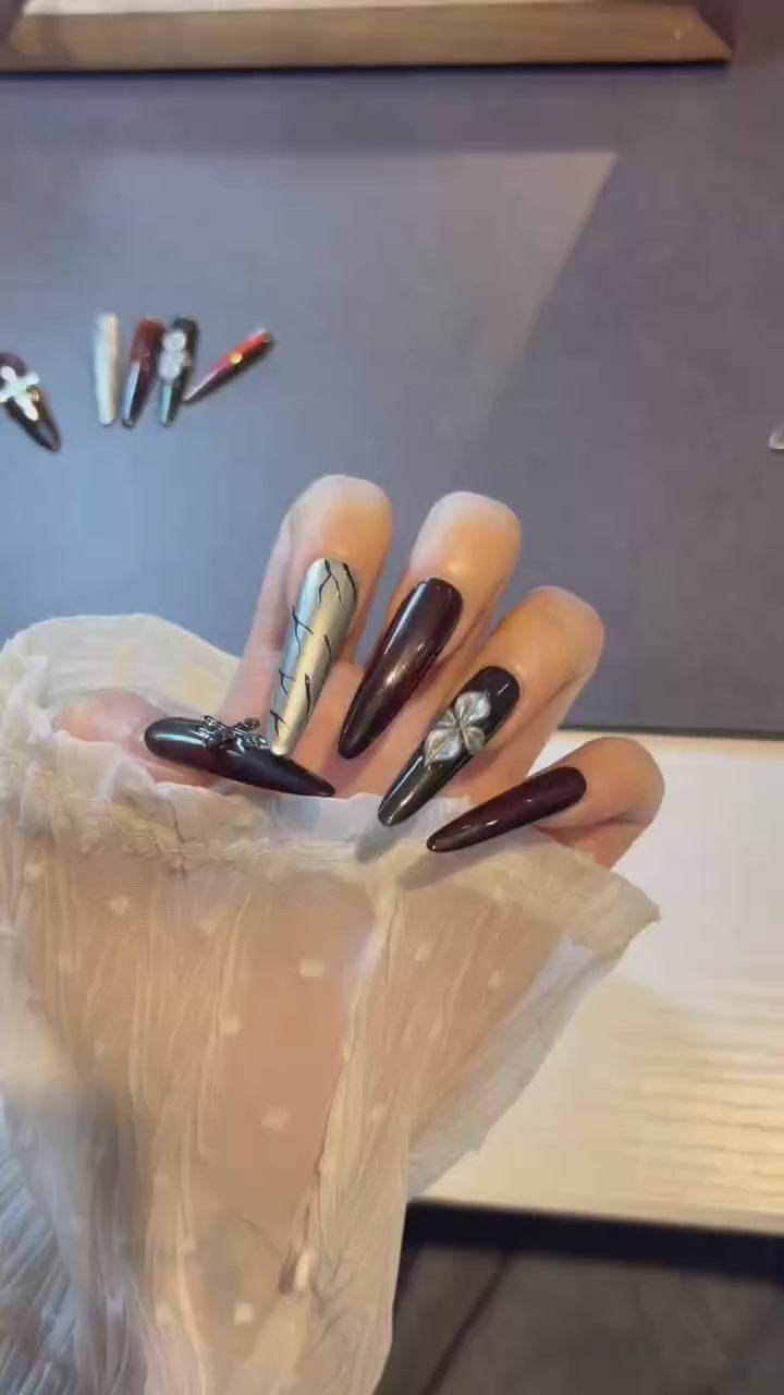 Burgundy Noir Gold press-on nails product video