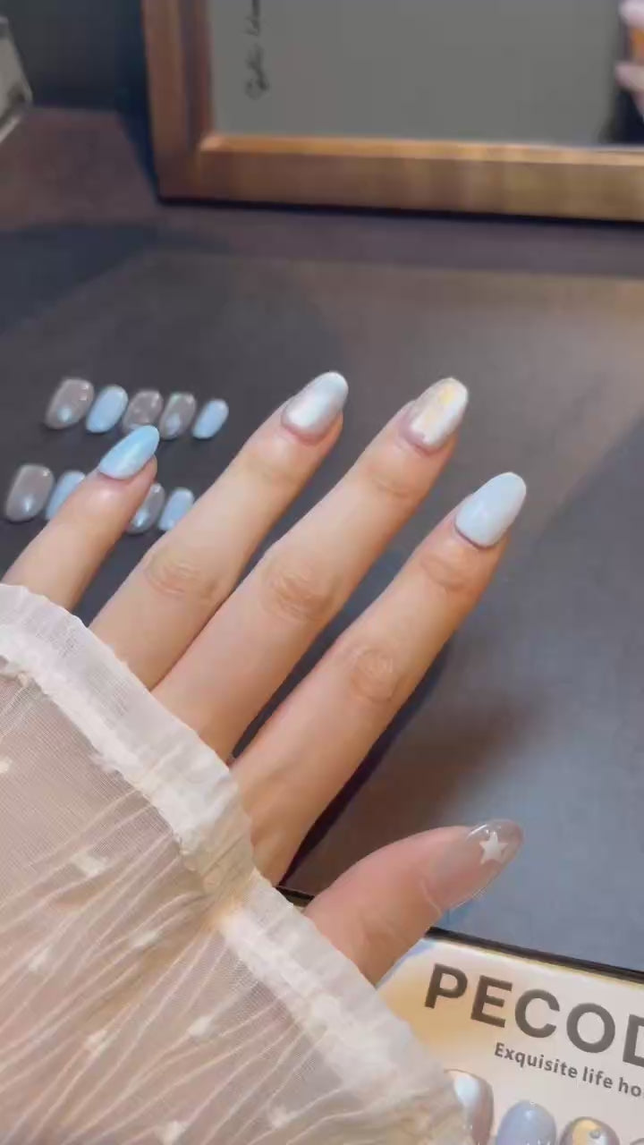 White Mist Star Notes press-on nails product video